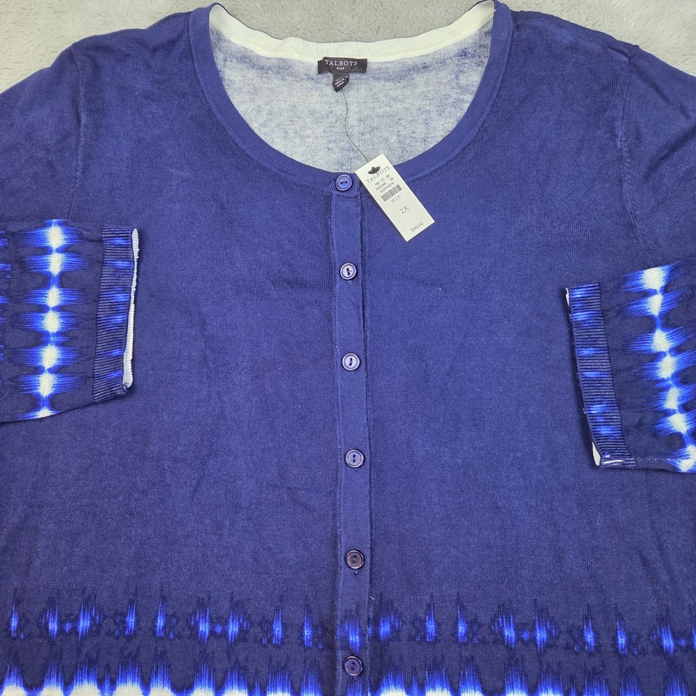 Talbots Cardigan Sweater Womens 2X Plus Ikat Tie Dye Button Front Knit Blue New